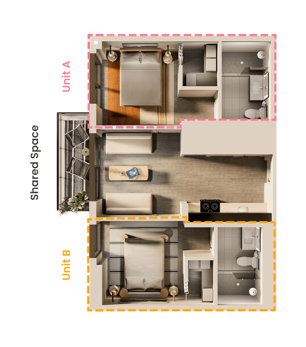 A man and a woman sit in a tropical apartment living room
