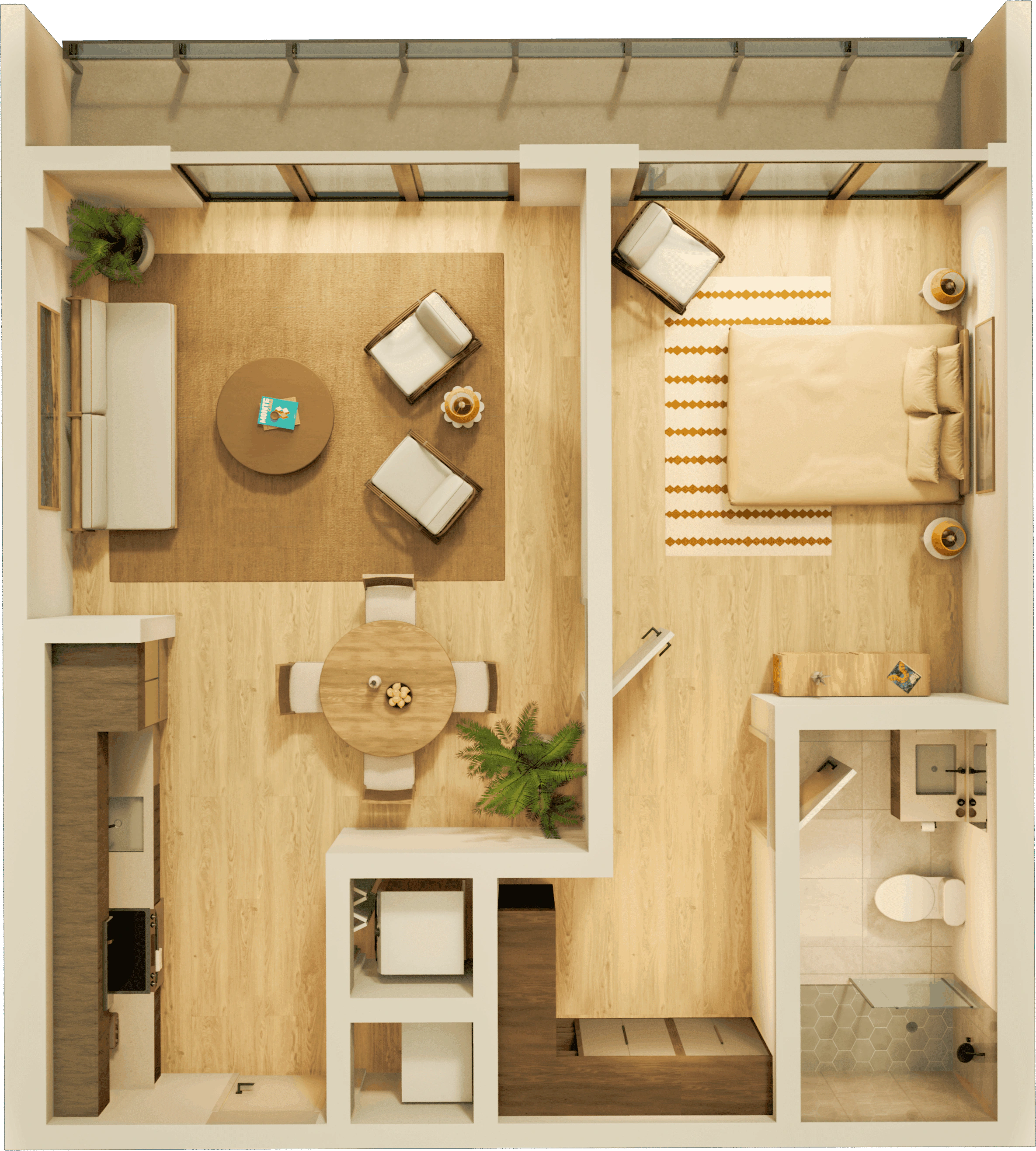 A large apartment bedroom with modern nightstands and lamps on each side, a comfortable chair, and a water painting above the headboard