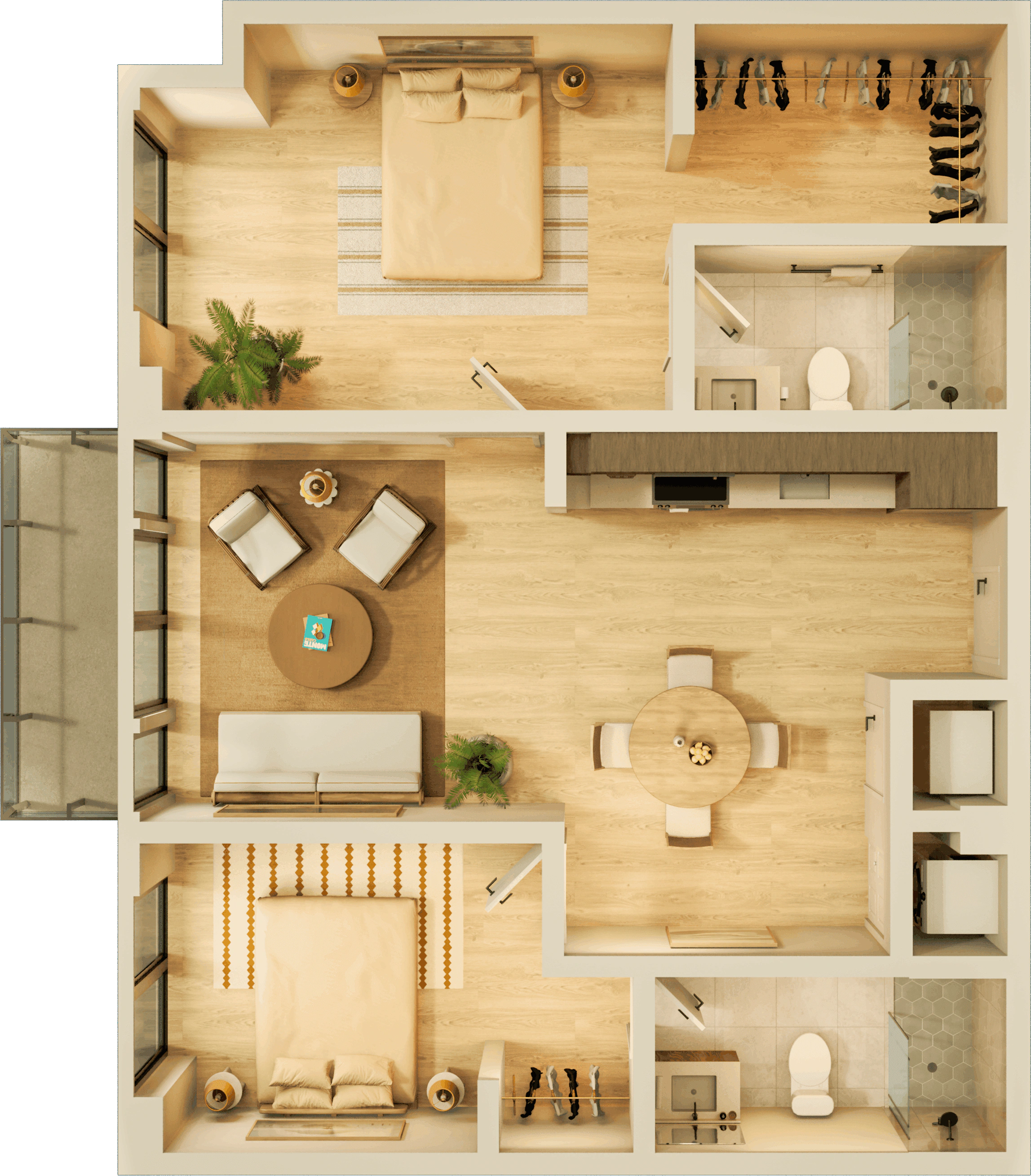 A large apartment bedroom with modern nightstands and lamps on each side, a comfortable chair, and a water painting above the headboard