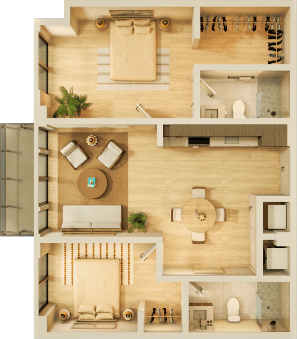 A large apartment bedroom with modern nightstands and lamps on each side, a comfortable chair, and a water painting above the headboard