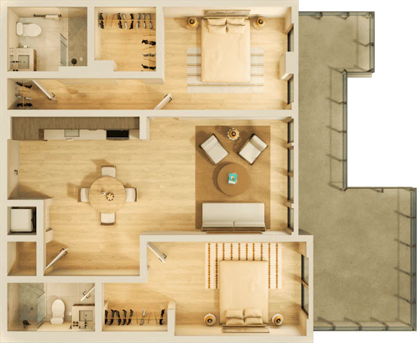 A large apartment bedroom with modern nightstands and lamps on each side, a comfortable chair, and a water painting above the headboard