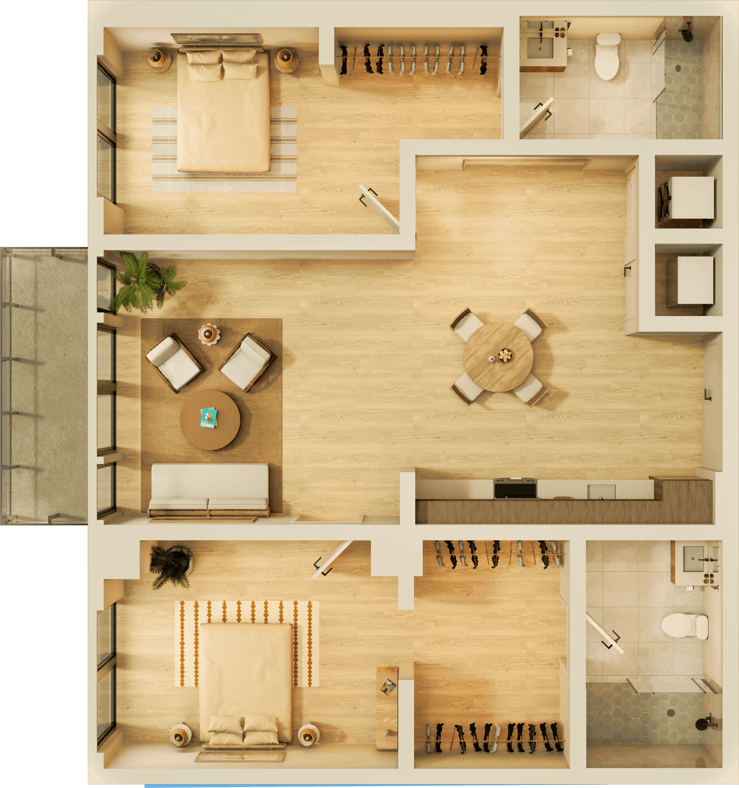 A large apartment bedroom with modern nightstands and lamps on each side, a comfortable chair, and a water painting above the headboard