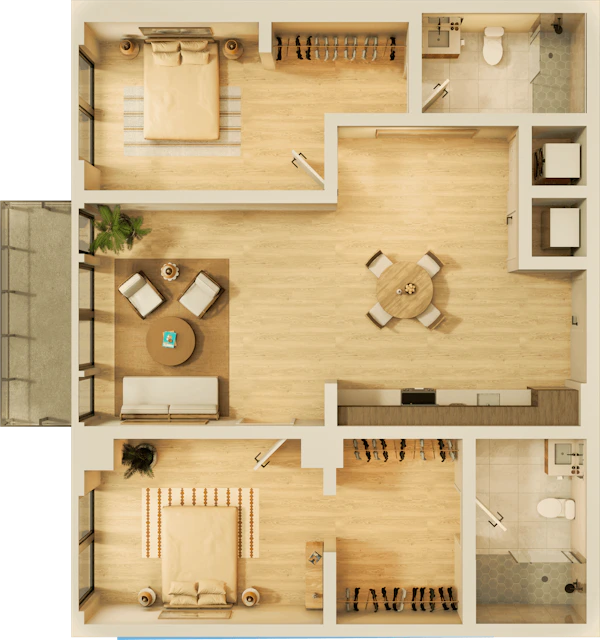 A large apartment bedroom with modern nightstands and lamps on each side, a comfortable chair, and a water painting above the headboard