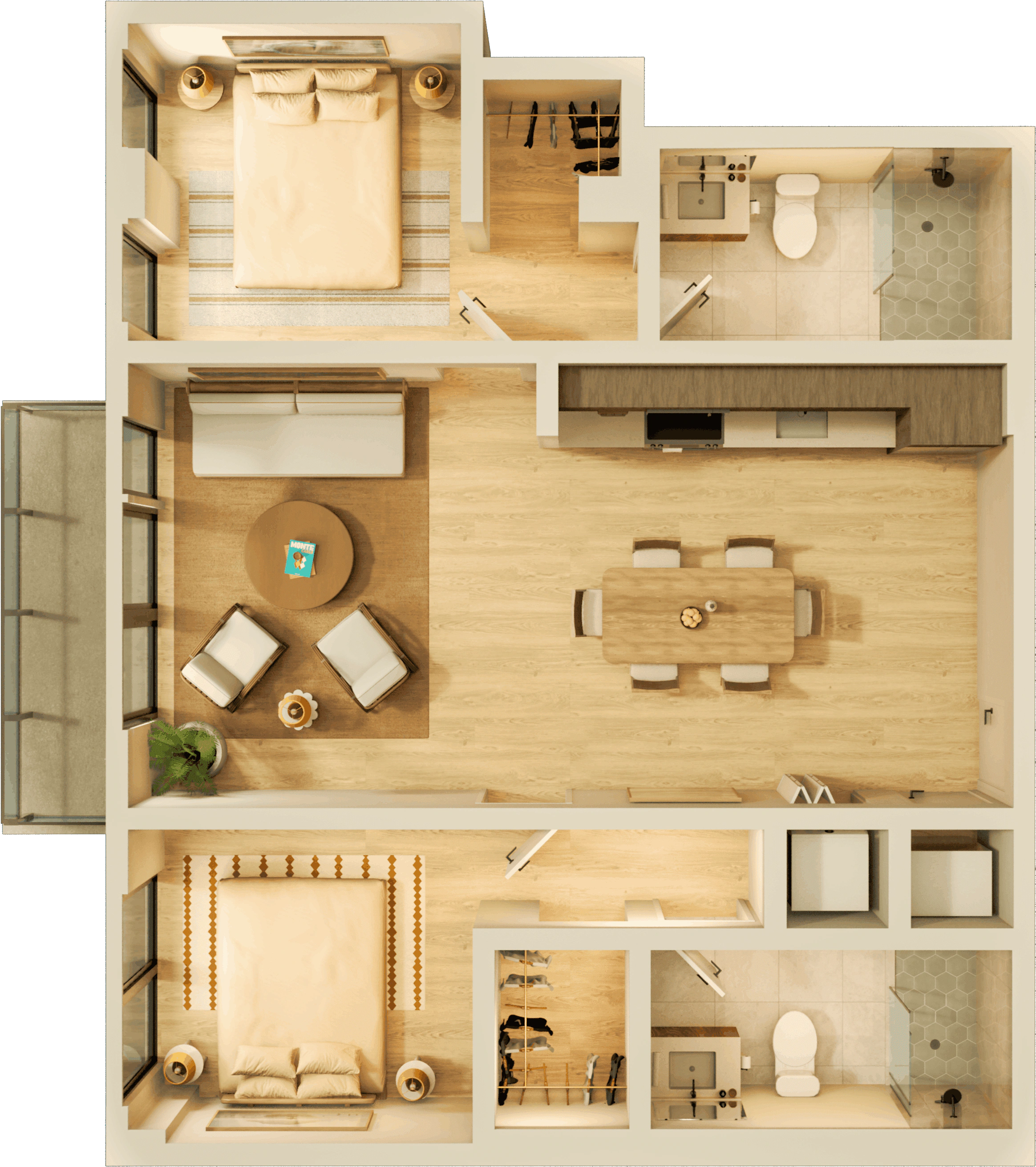 A large apartment bedroom with modern nightstands and lamps on each side, a comfortable chair, and a water painting above the headboard