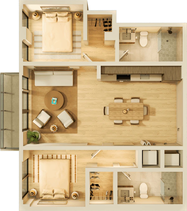 A large apartment bedroom with modern nightstands and lamps on each side, a comfortable chair, and a water painting above the headboard