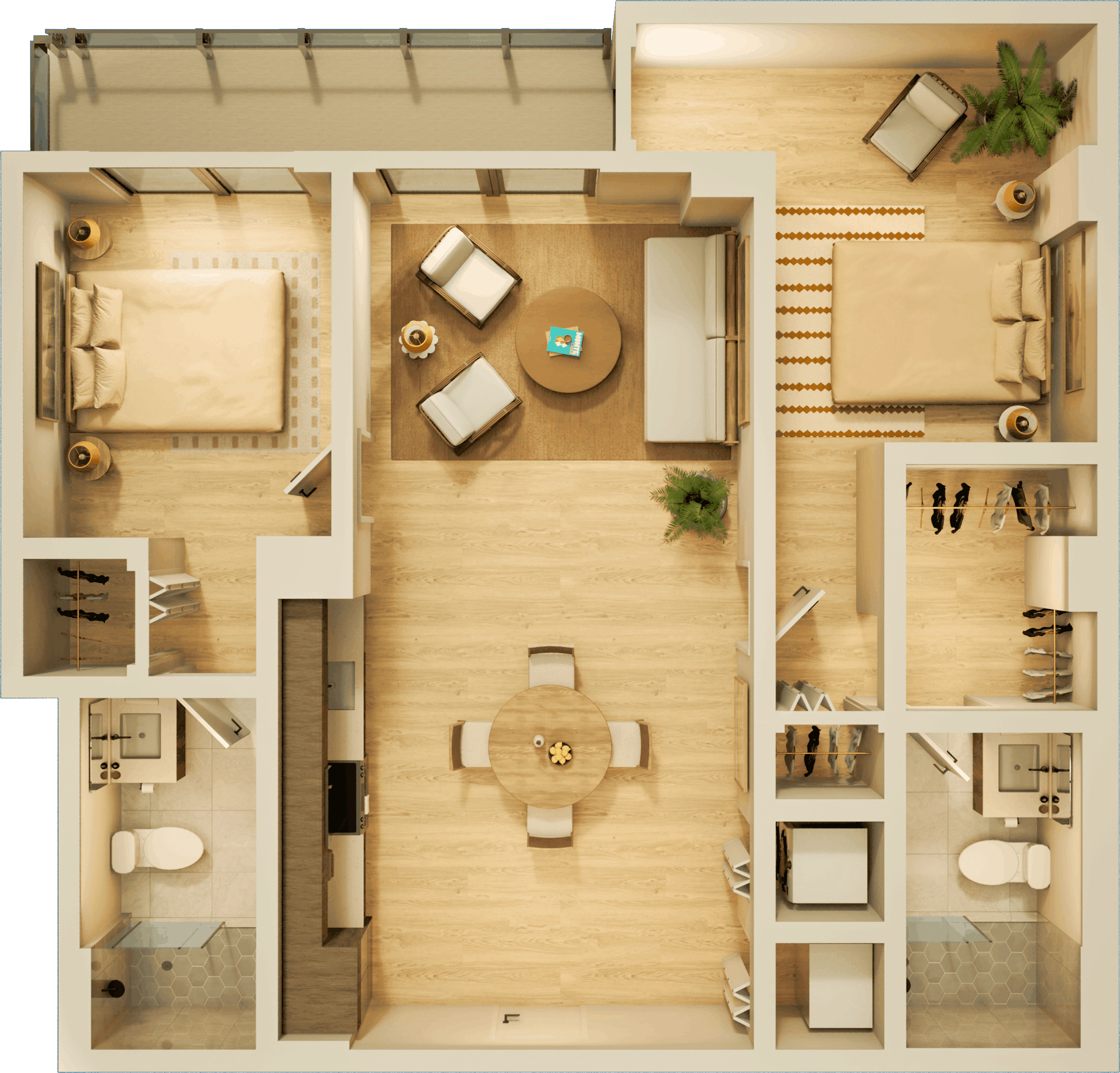 A large apartment bedroom with modern nightstands and lamps on each side, a comfortable chair, and a water painting above the headboard