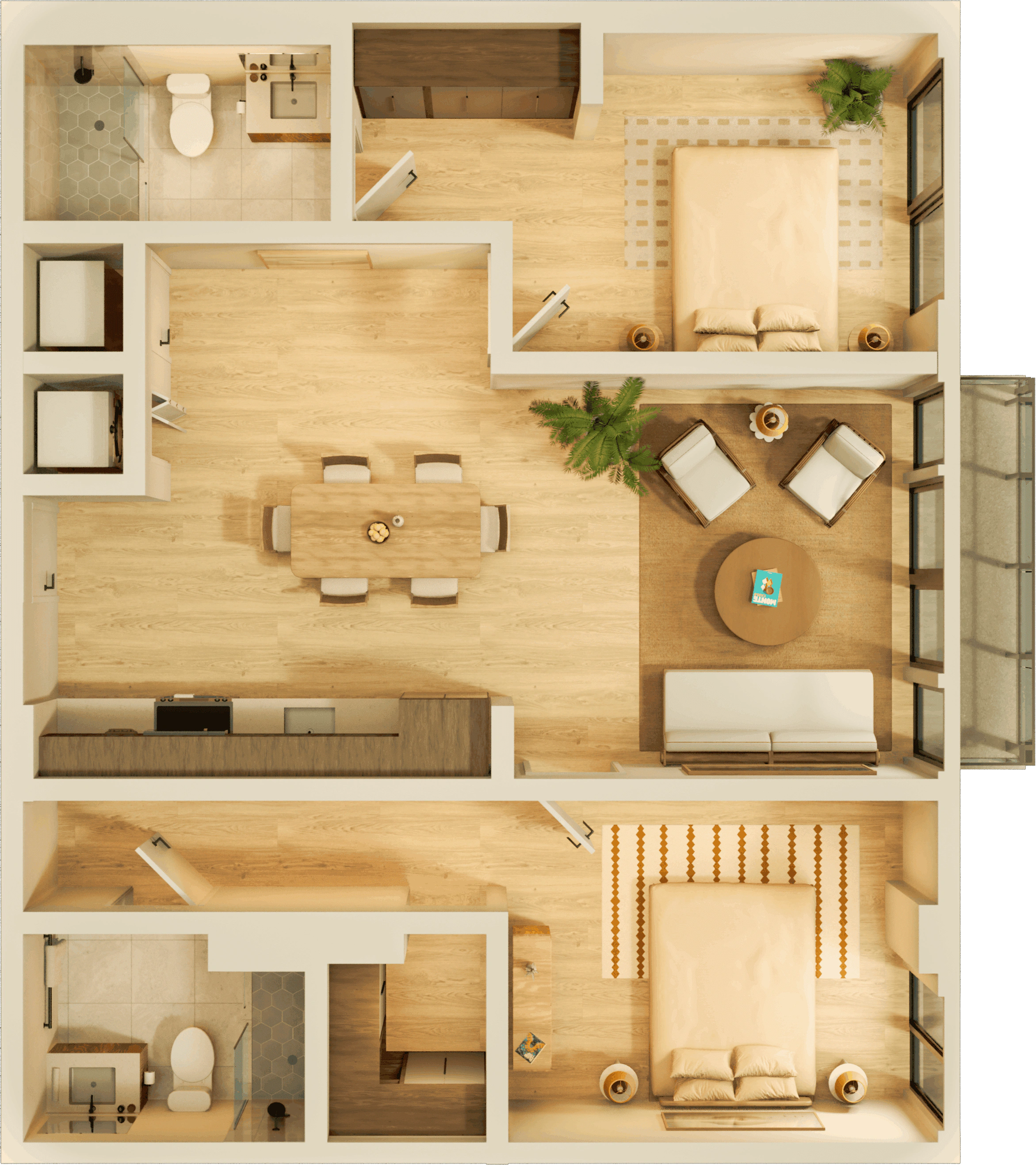 A large apartment bedroom with modern nightstands and lamps on each side, a comfortable chair, and a water painting above the headboard