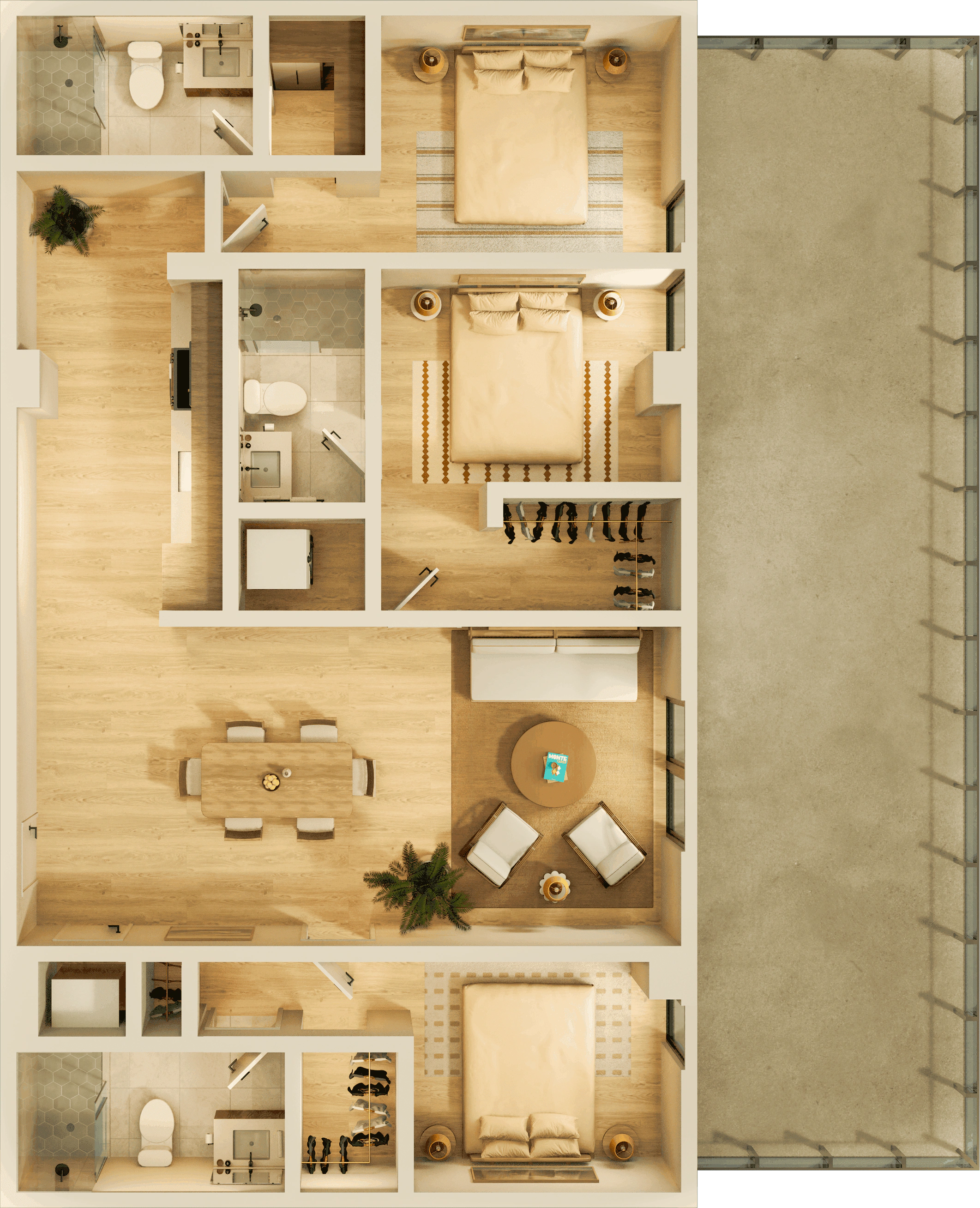 A large apartment bedroom with modern nightstands and lamps on each side, a comfortable chair, and a water painting above the headboard