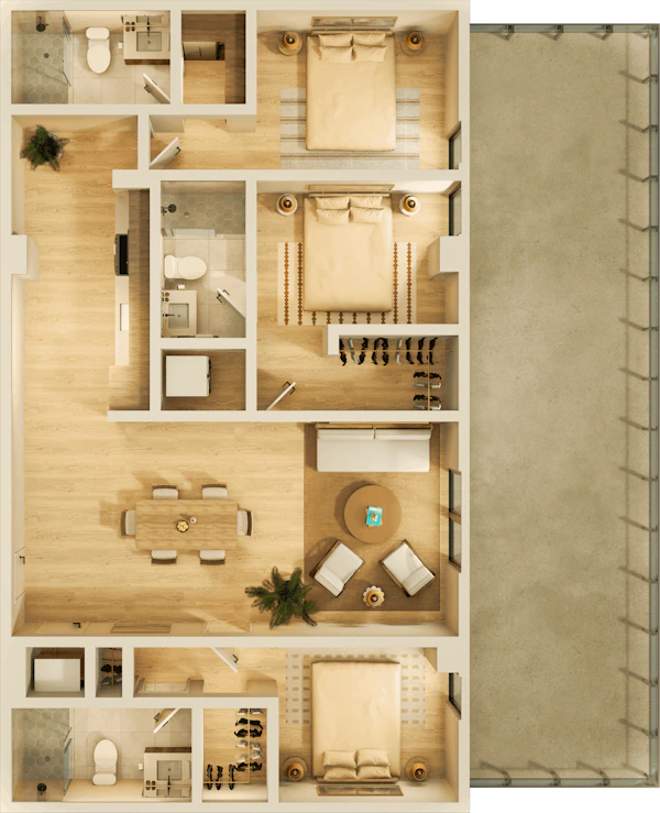 A large apartment bedroom with modern nightstands and lamps on each side, a comfortable chair, and a water painting above the headboard