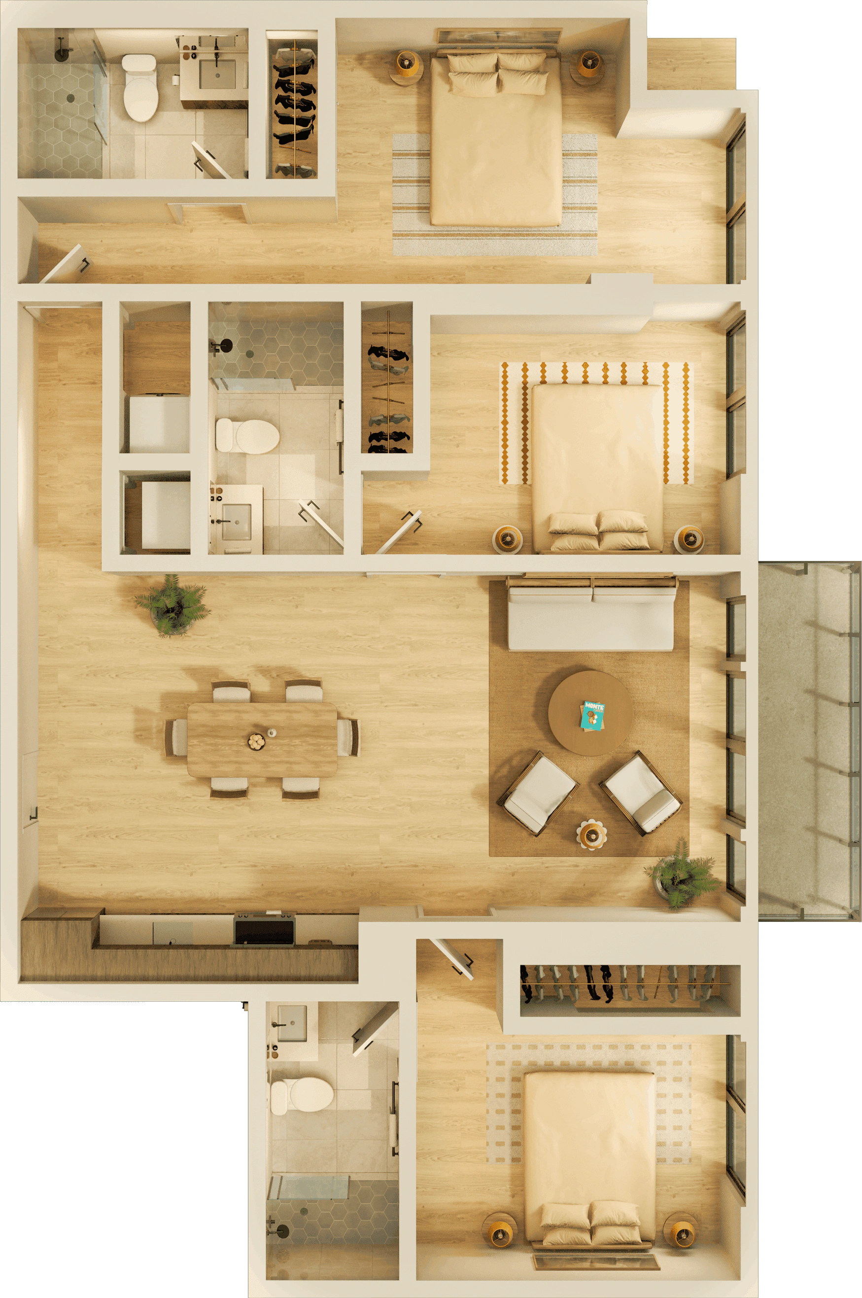 A large apartment bedroom with modern nightstands and lamps on each side, a comfortable chair, and a water painting above the headboard