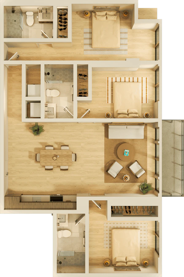 A large apartment bedroom with modern nightstands and lamps on each side, a comfortable chair, and a water painting above the headboard