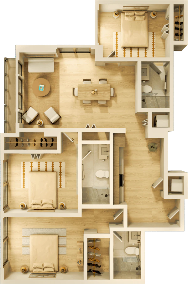 A large apartment bedroom with modern nightstands and lamps on each side, a comfortable chair, and a water painting above the headboard