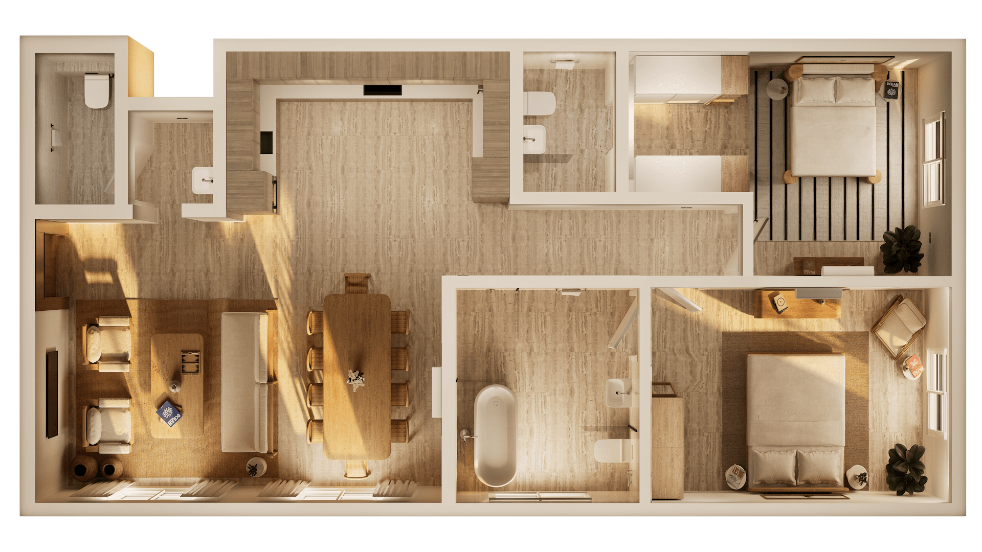 A woman reaches a mug from a sofa in a luxury apartment living room