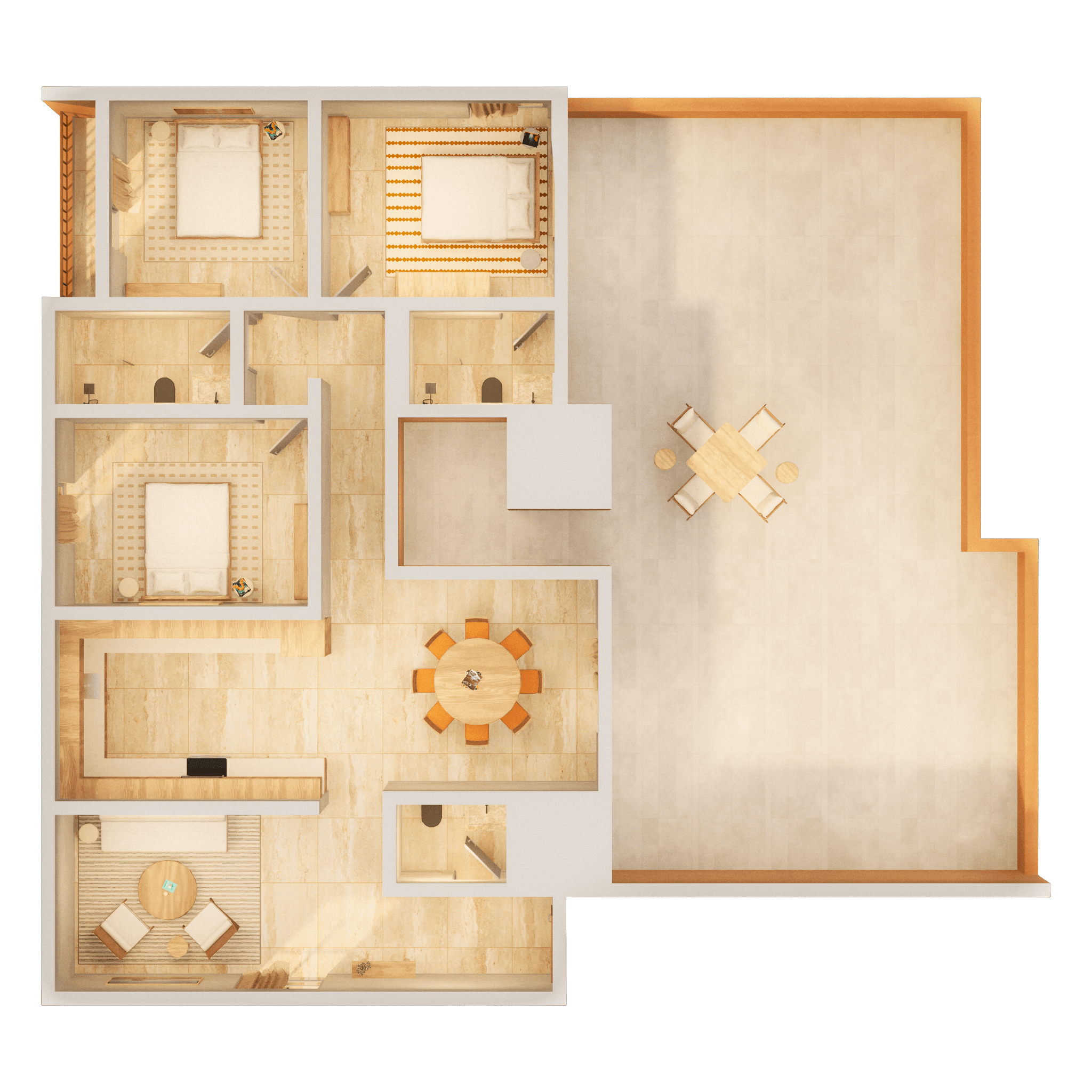 A woman reaches a mug from a sofa in a luxury apartment living room