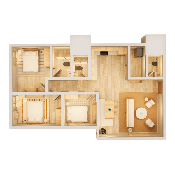 A woman reaches a mug from a sofa in a luxury apartment living room