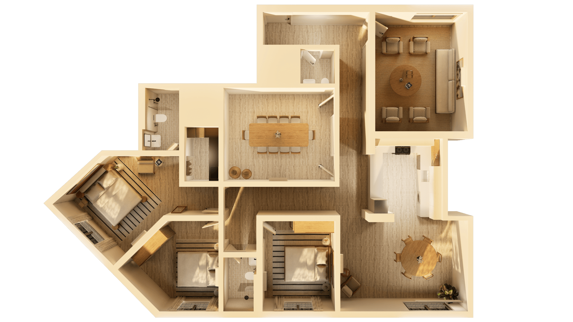 Entryway to Flow Narjis apartments flanked by two palm trees