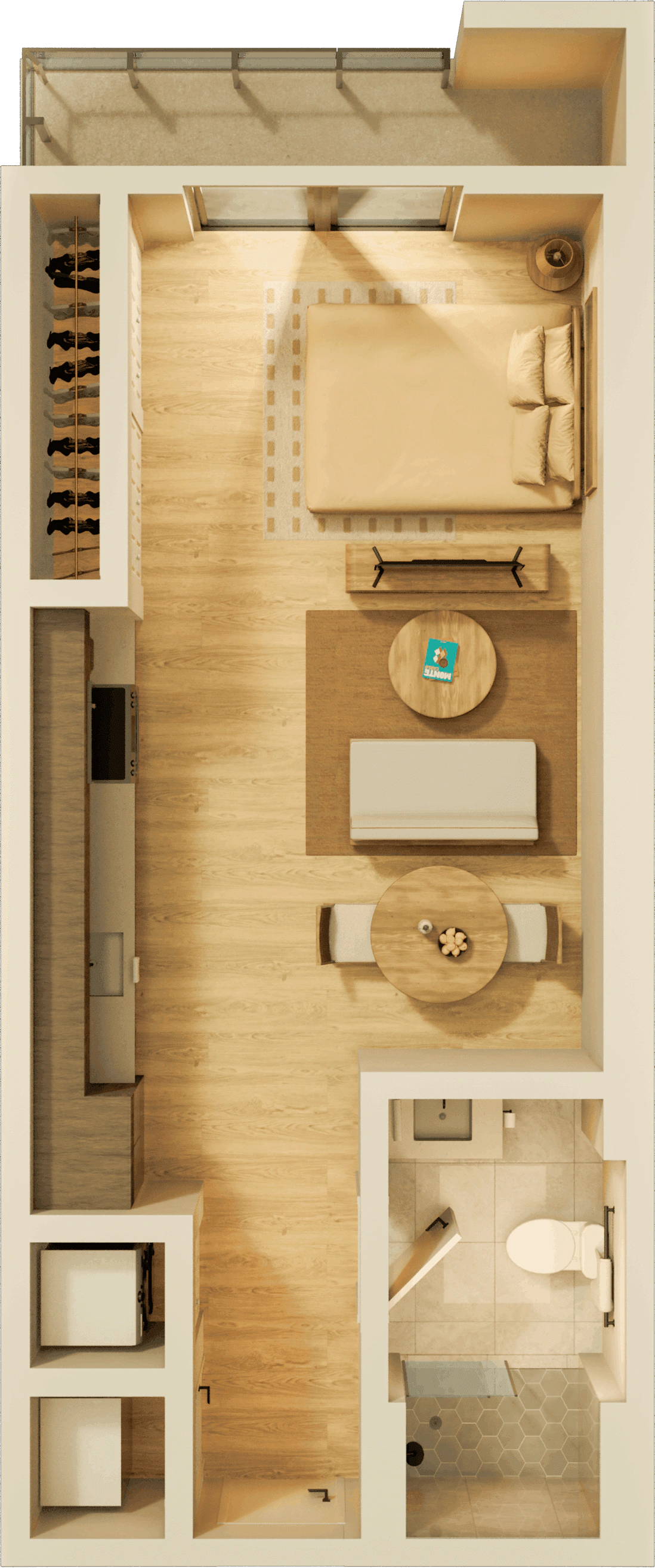 A large apartment bedroom with modern nightstands and lamps on each side, a comfortable chair, and a water painting above the headboard