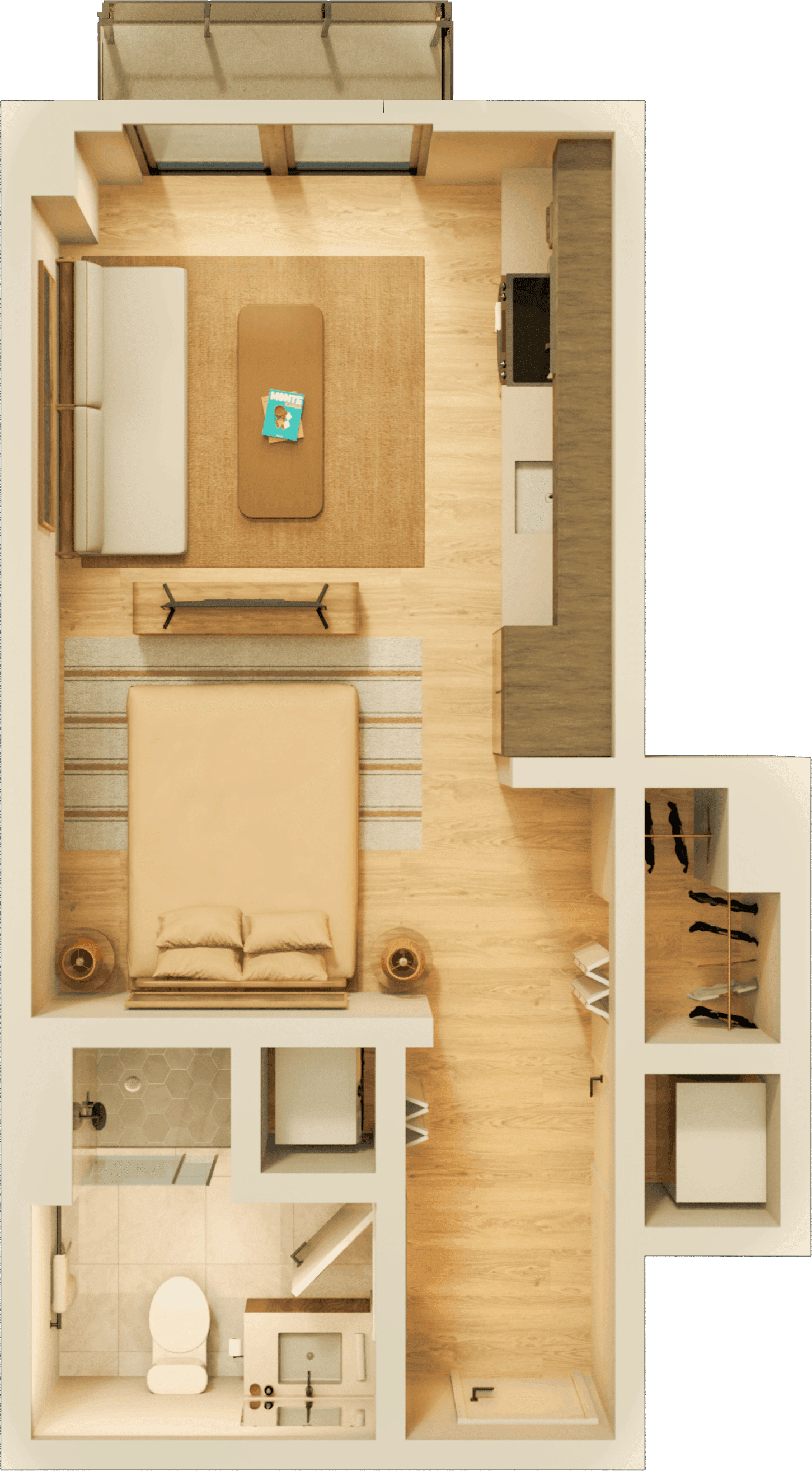 A large apartment bedroom with modern nightstands and lamps on each side, a comfortable chair, and a water painting above the headboard