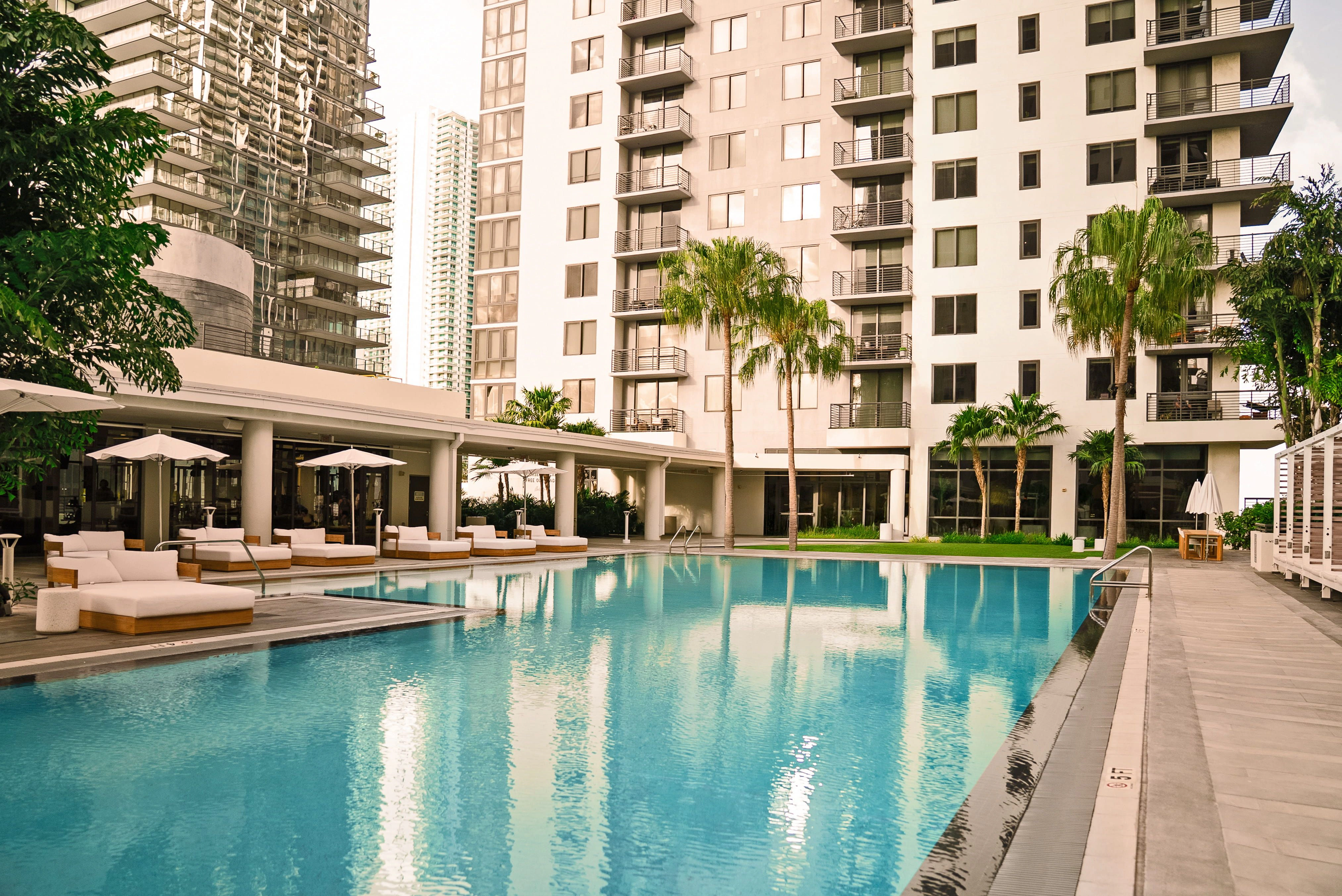 Sunset view of luxury pool surrounded by palm trees and loungers