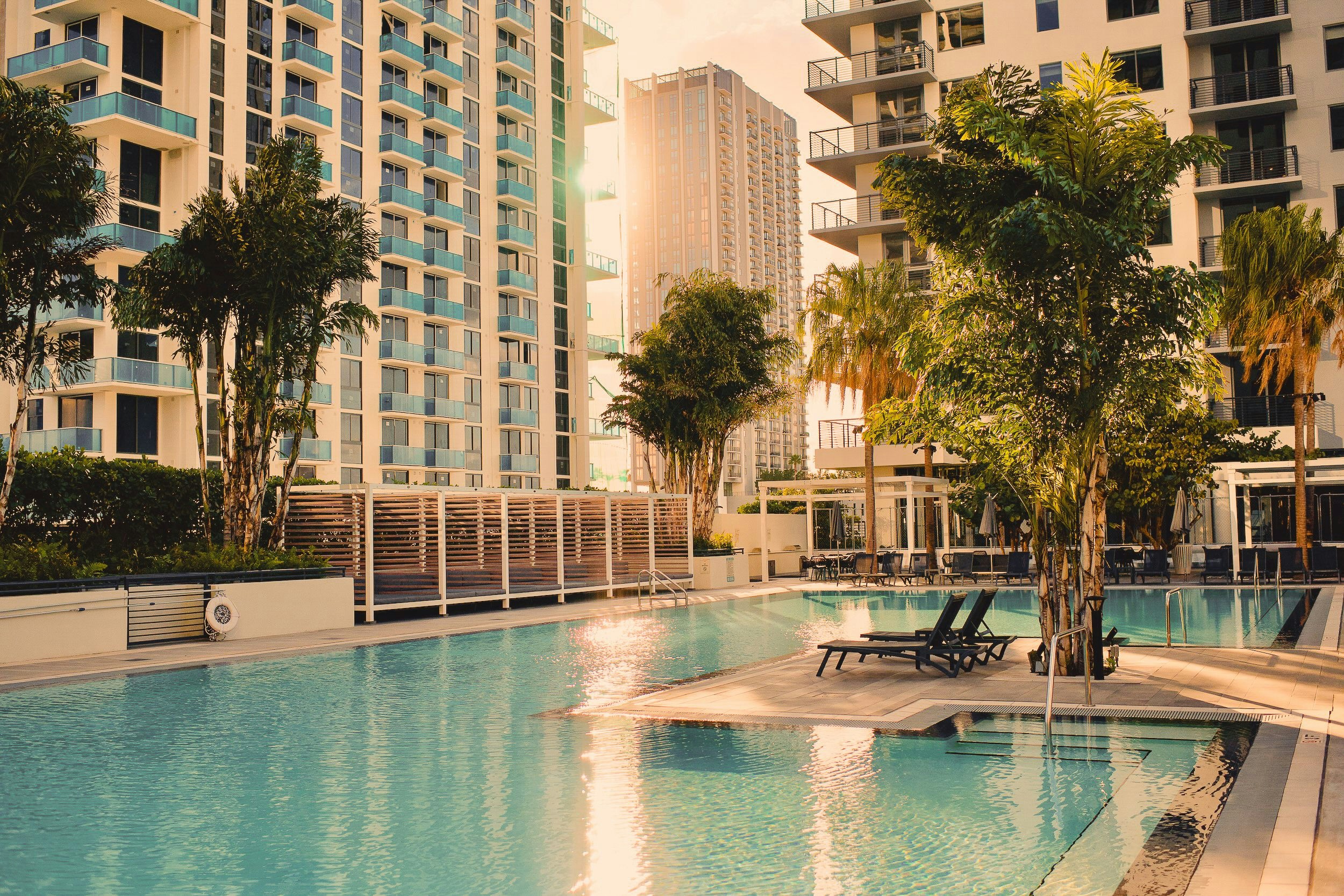 Sunset view of luxury pool surrounded by palm trees and loungers