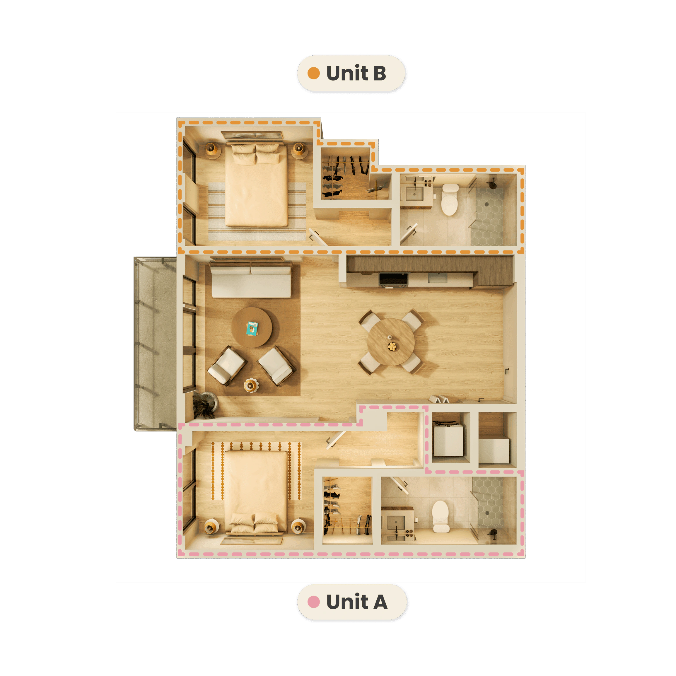 A large apartment bedroom with modern nightstands and lamps on each side, a comfortable chair, and a water painting above the headboard