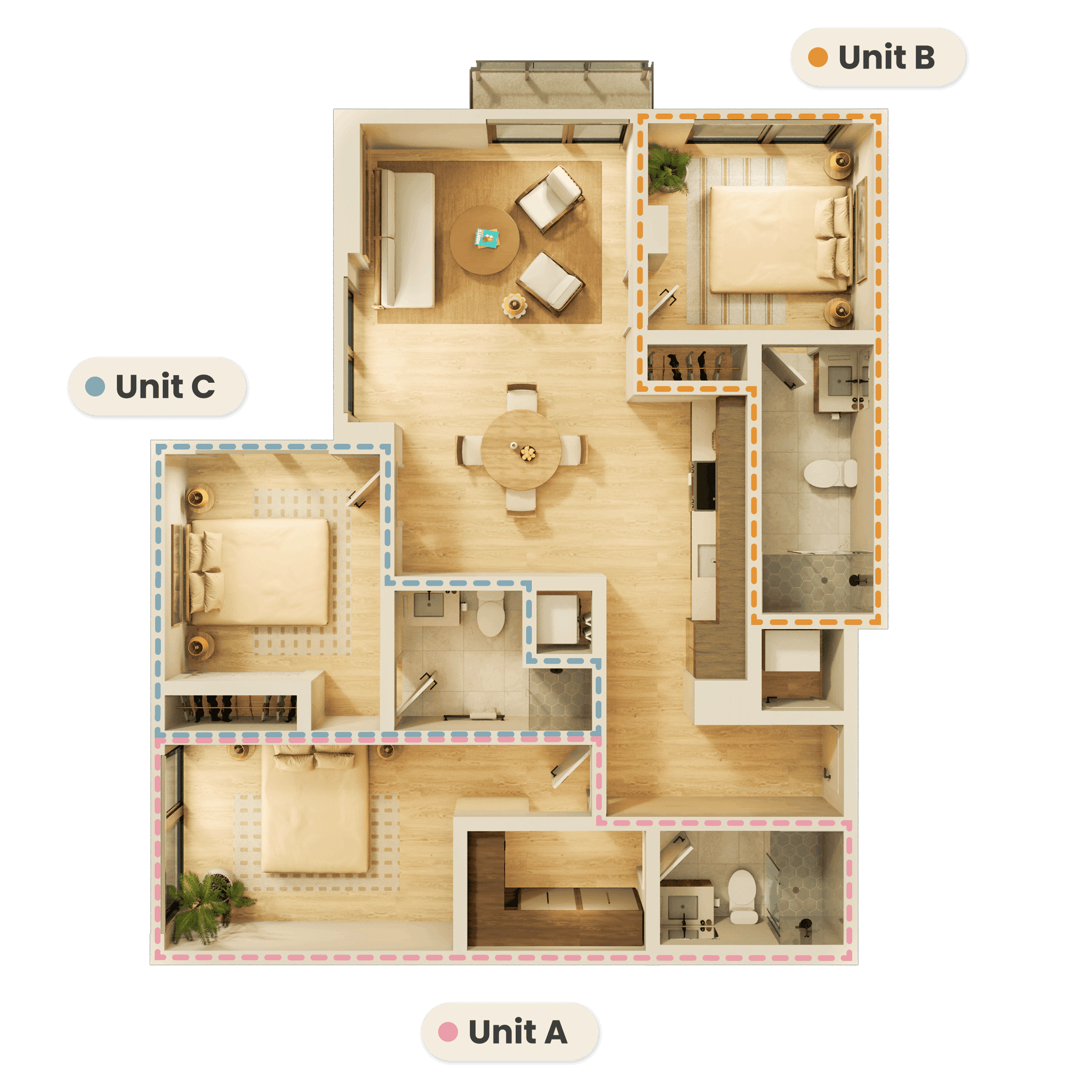 A large apartment bedroom with modern nightstands and lamps on each side, a comfortable chair, and a water painting above the headboard