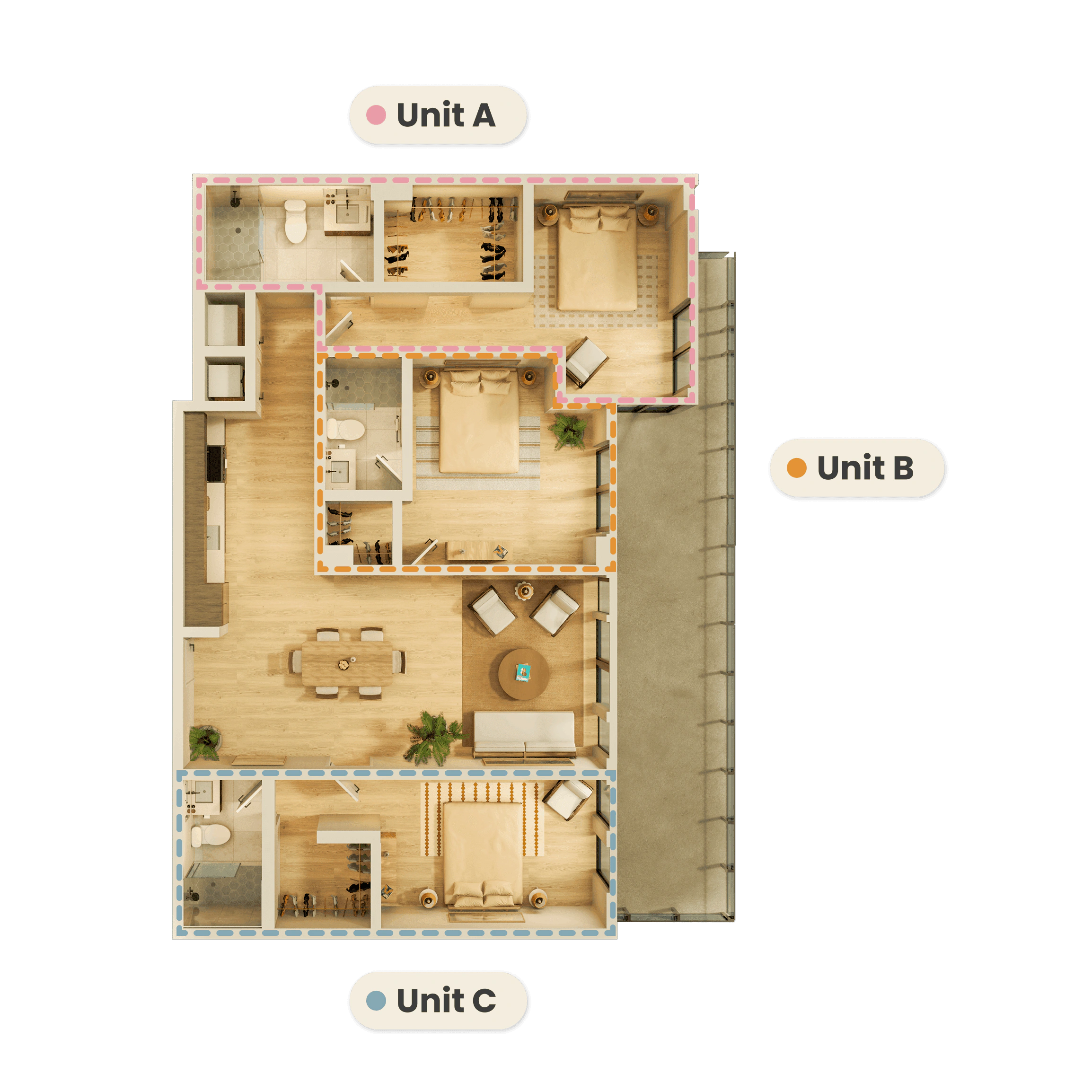 A large apartment bedroom with modern nightstands and lamps on each side, a comfortable chair, and a water painting above the headboard