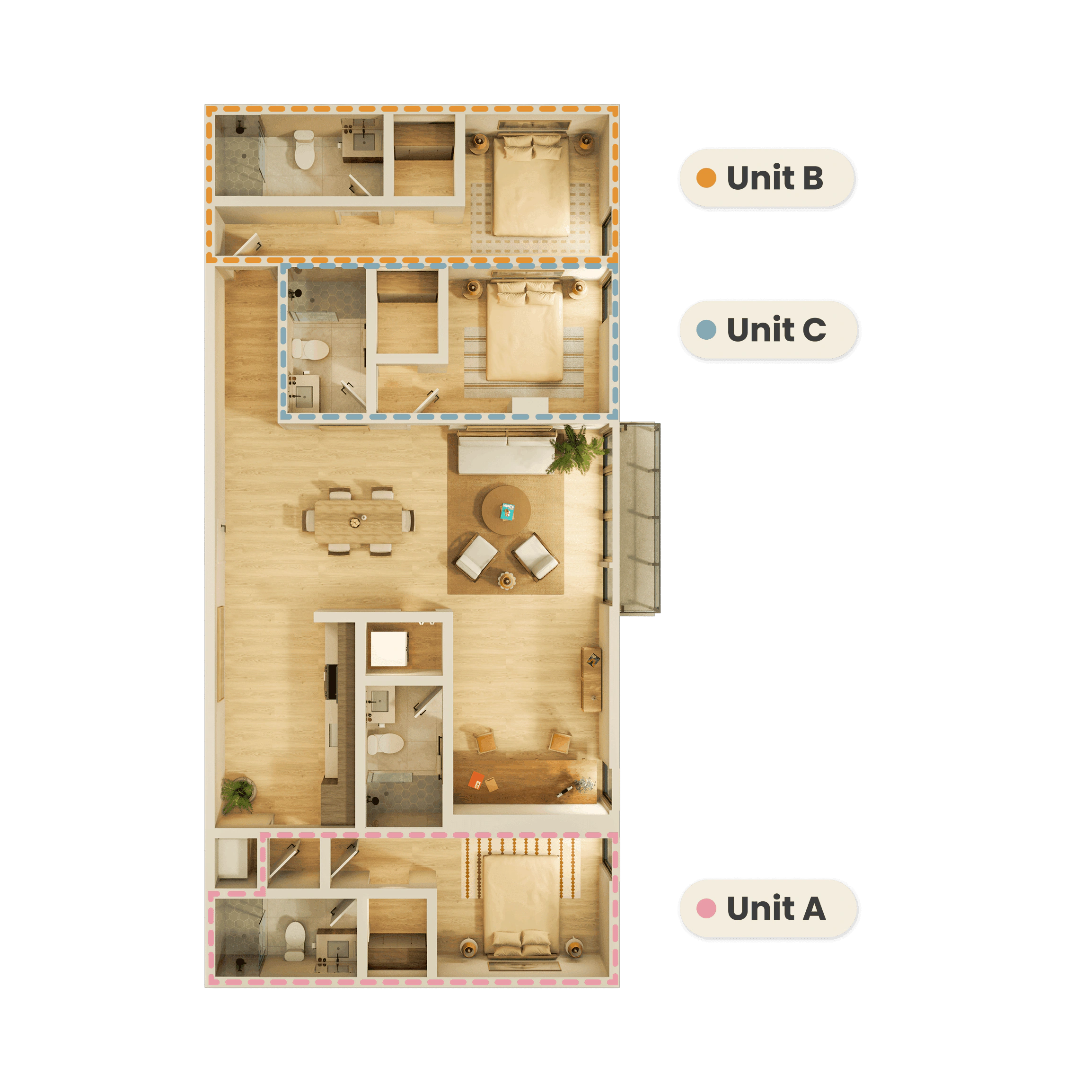 A large apartment bedroom with modern nightstands and lamps on each side, a comfortable chair, and a water painting above the headboard