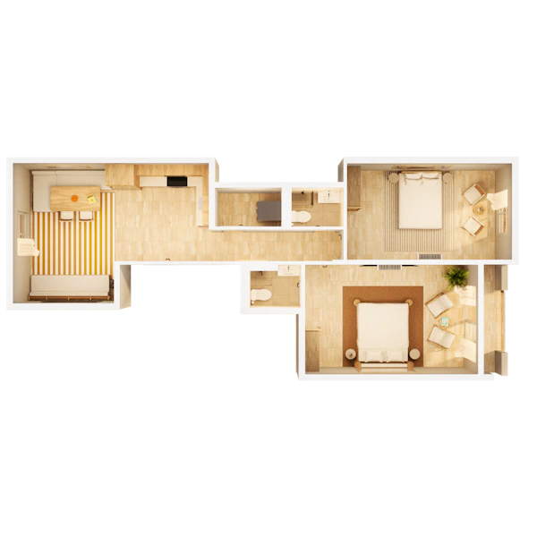 Entryway to Flow Narjis apartments flanked by two palm trees