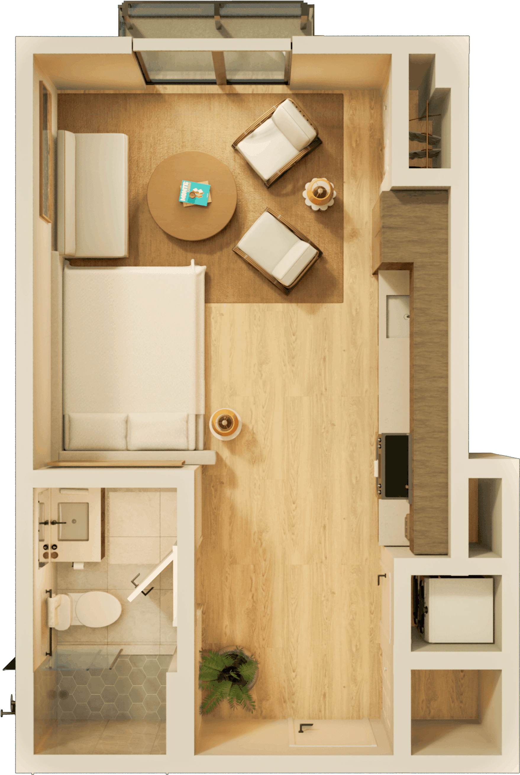 A large apartment bedroom with modern nightstands and lamps on each side, a comfortable chair, and a water painting above the headboard