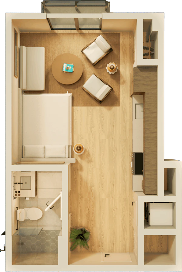 A large apartment bedroom with modern nightstands and lamps on each side, a comfortable chair, and a water painting above the headboard