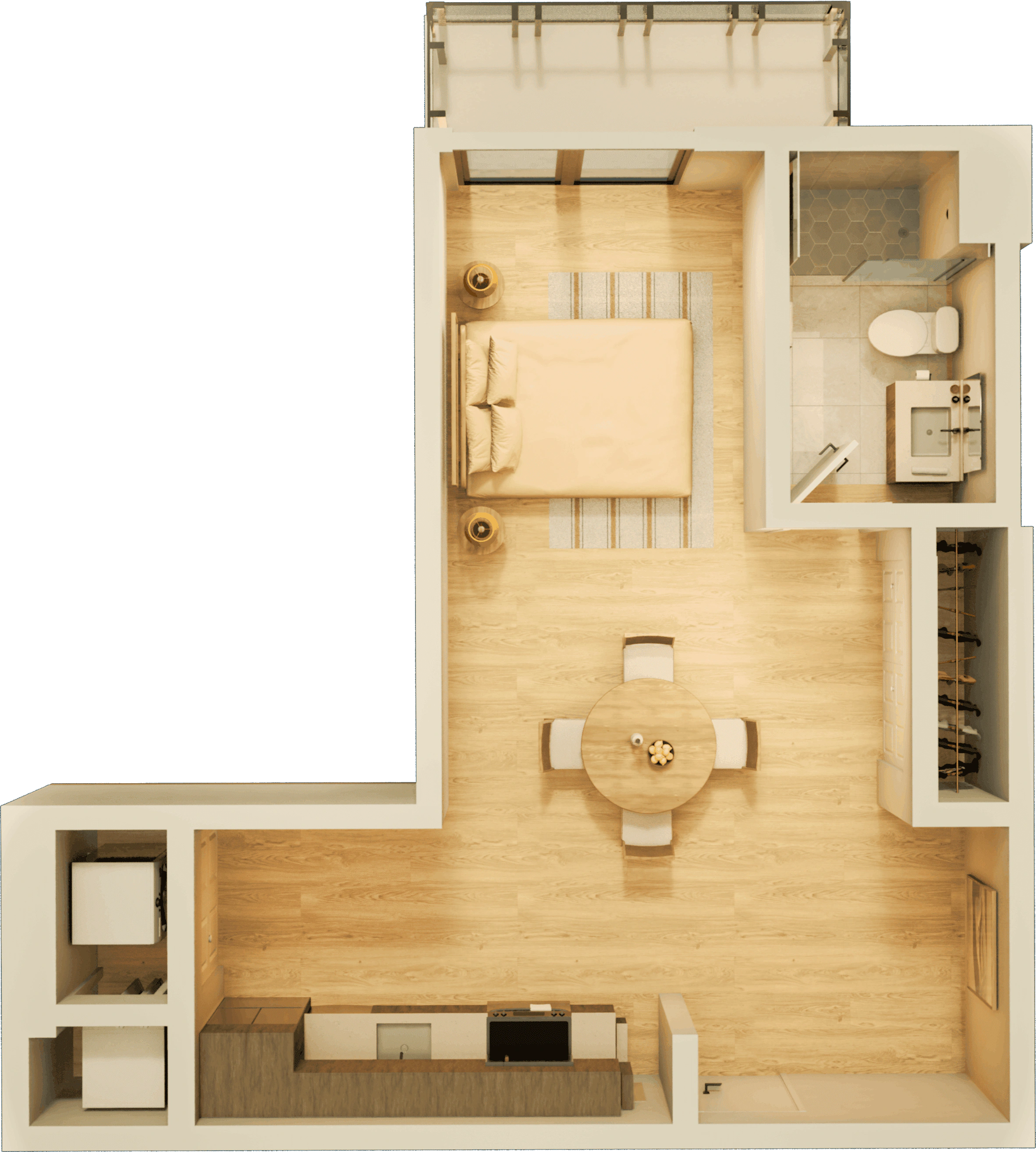 A large apartment bedroom with modern nightstands and lamps on each side, a comfortable chair, and a water painting above the headboard