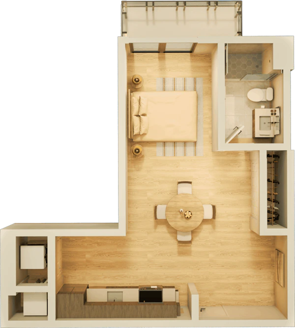 A large apartment bedroom with modern nightstands and lamps on each side, a comfortable chair, and a water painting above the headboard