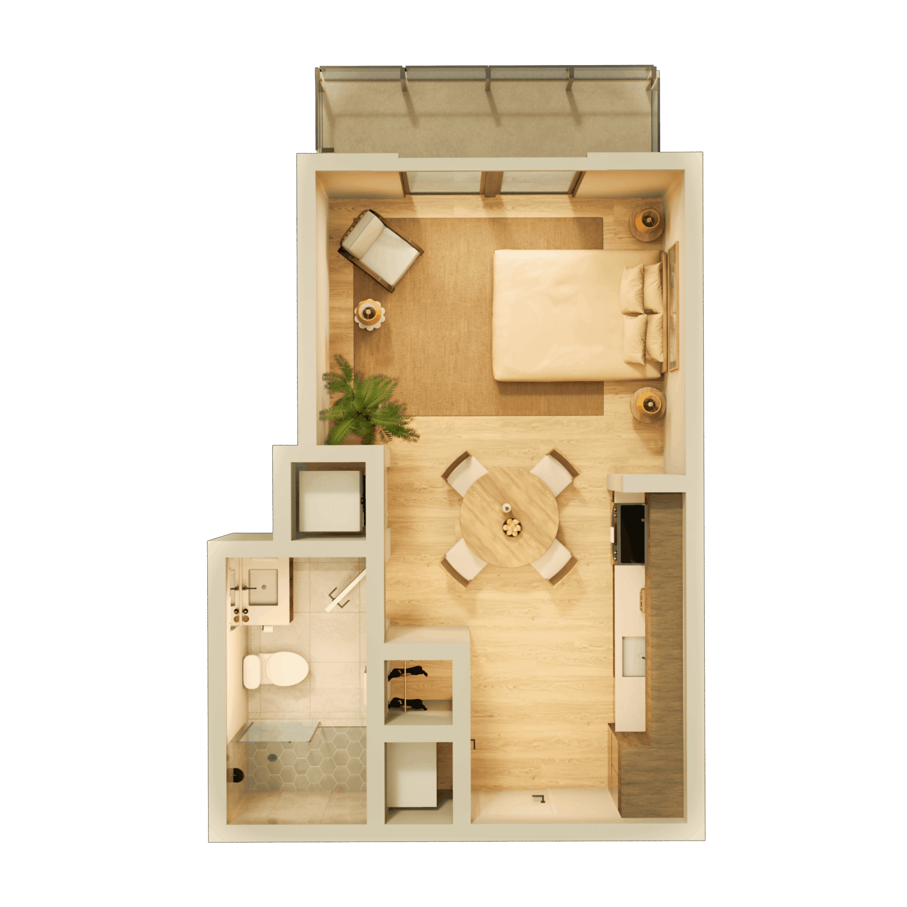 A large apartment bedroom with modern nightstands and lamps on each side, a comfortable chair, and a water painting above the headboard