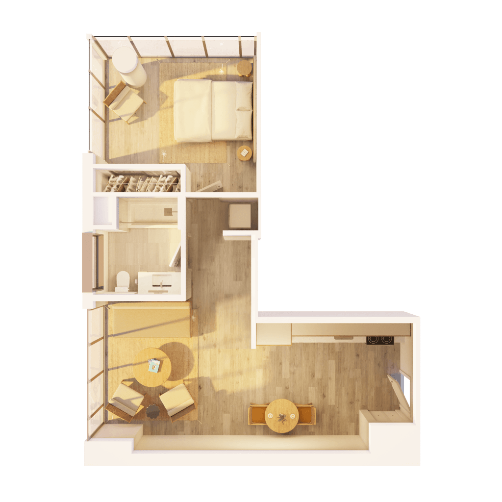 Sunlit modern living room with luxury furniture and indoor plant