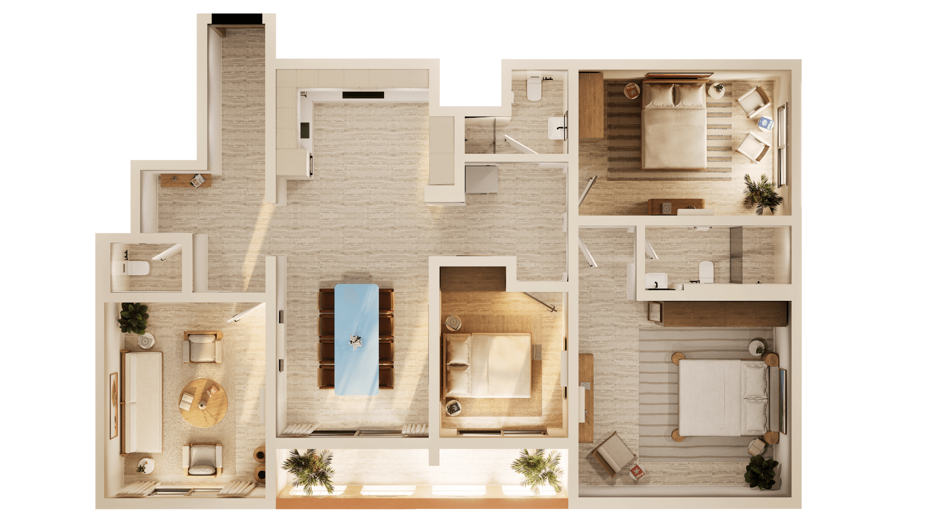 Entryway to Flow Narjis apartments flanked by two palm trees