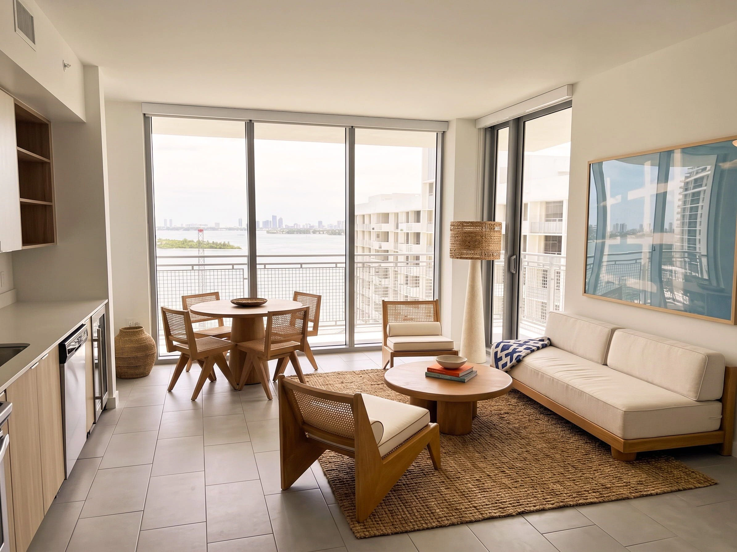 Sunlit modern living room with neutral furniture