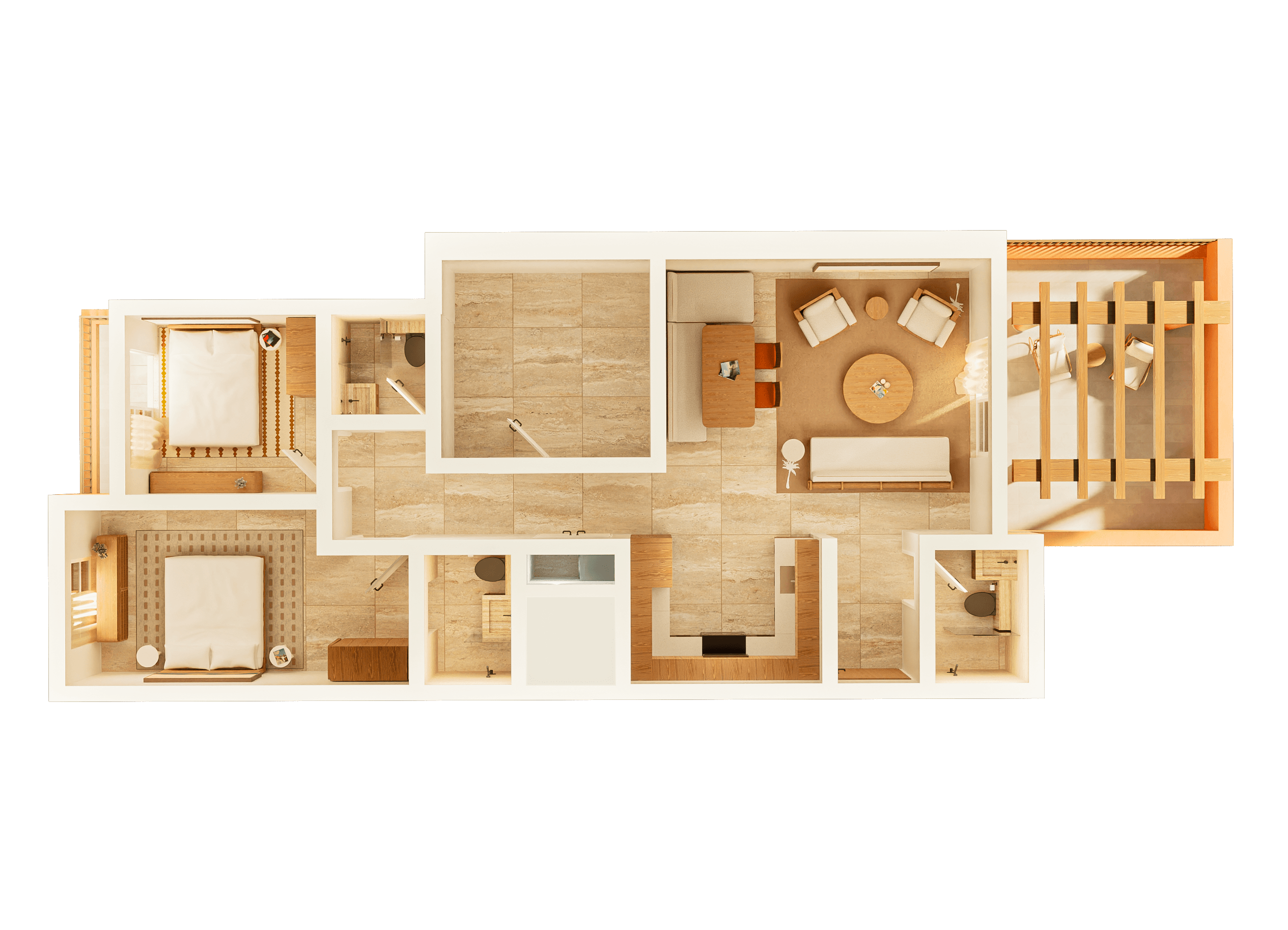 A woman reaches a mug from a sofa in a luxury apartment living room