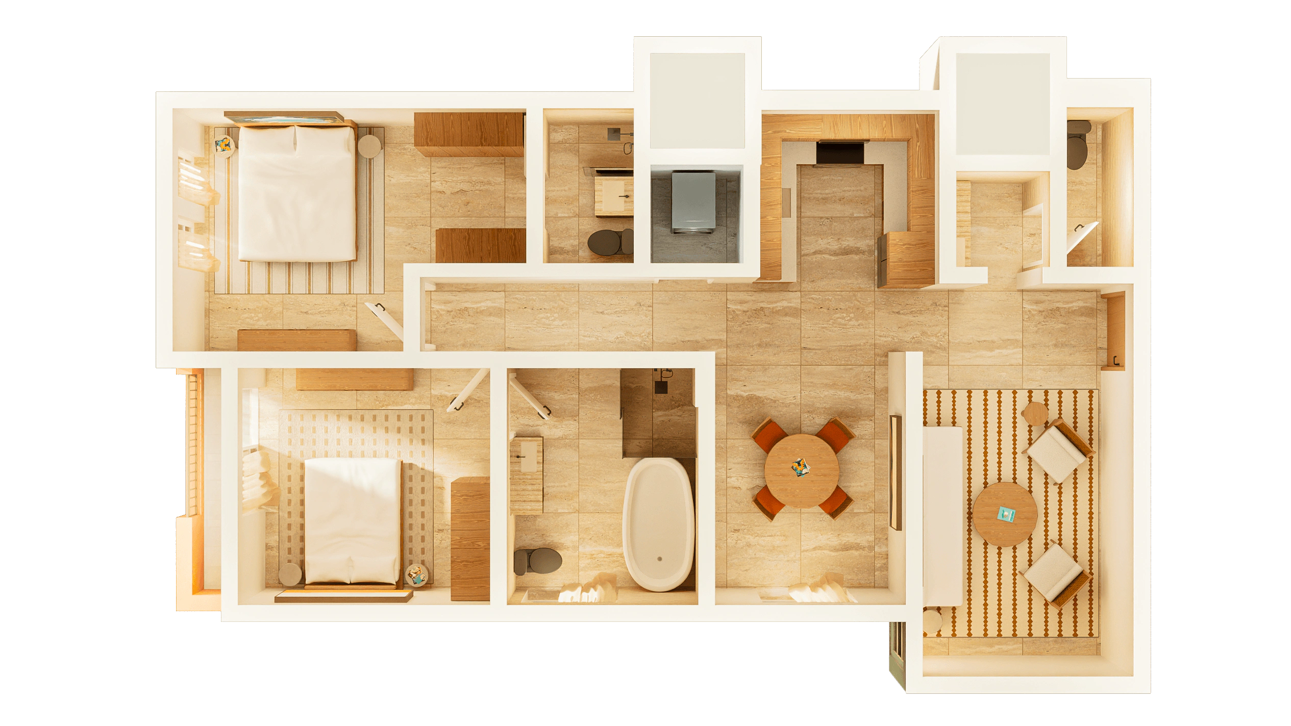 A woman reaches a mug from a sofa in a luxury apartment living room