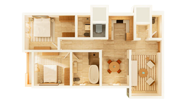 A woman reaches a mug from a sofa in a luxury apartment living room