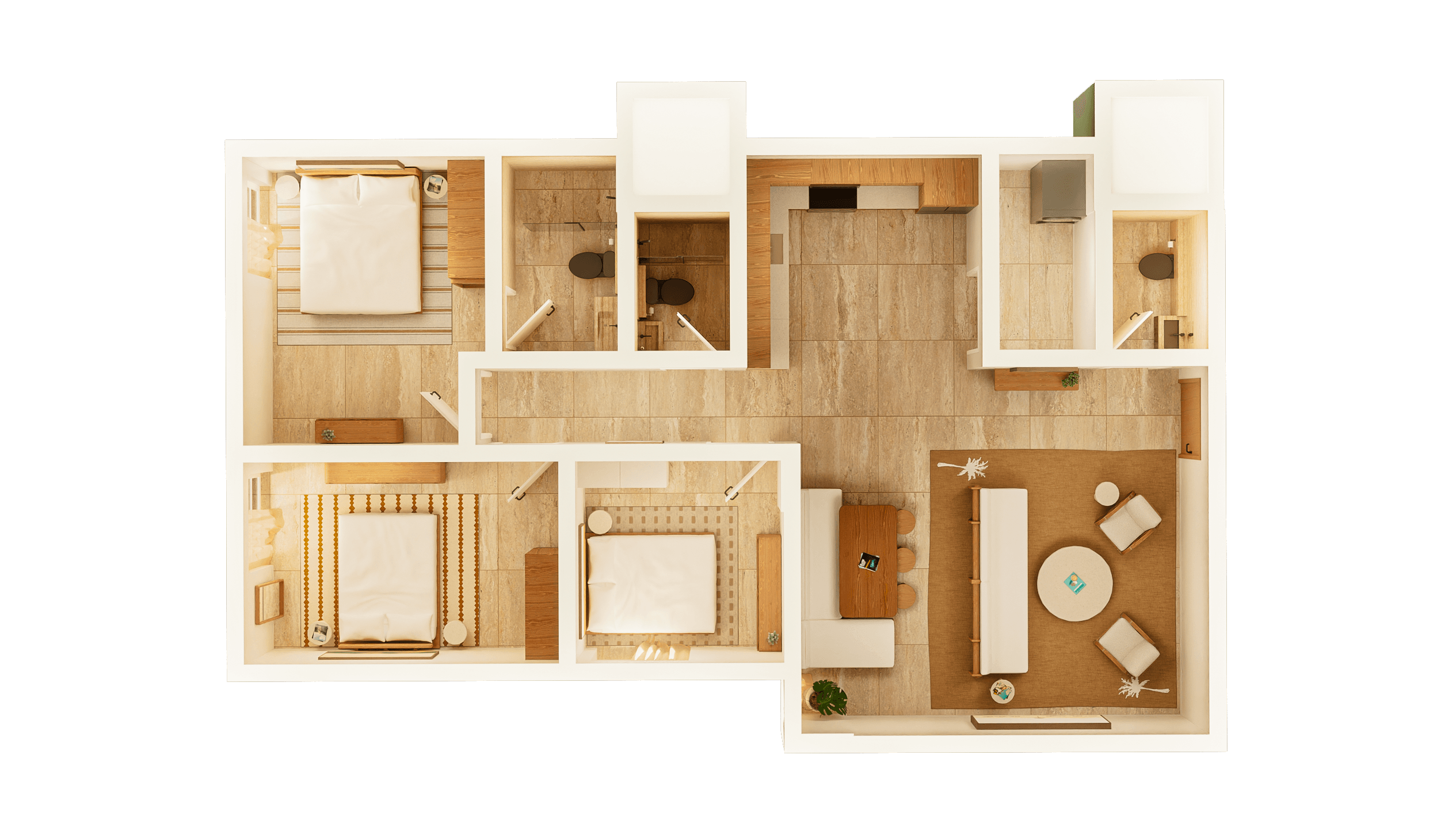 A woman reaches a mug from a sofa in a luxury apartment living room