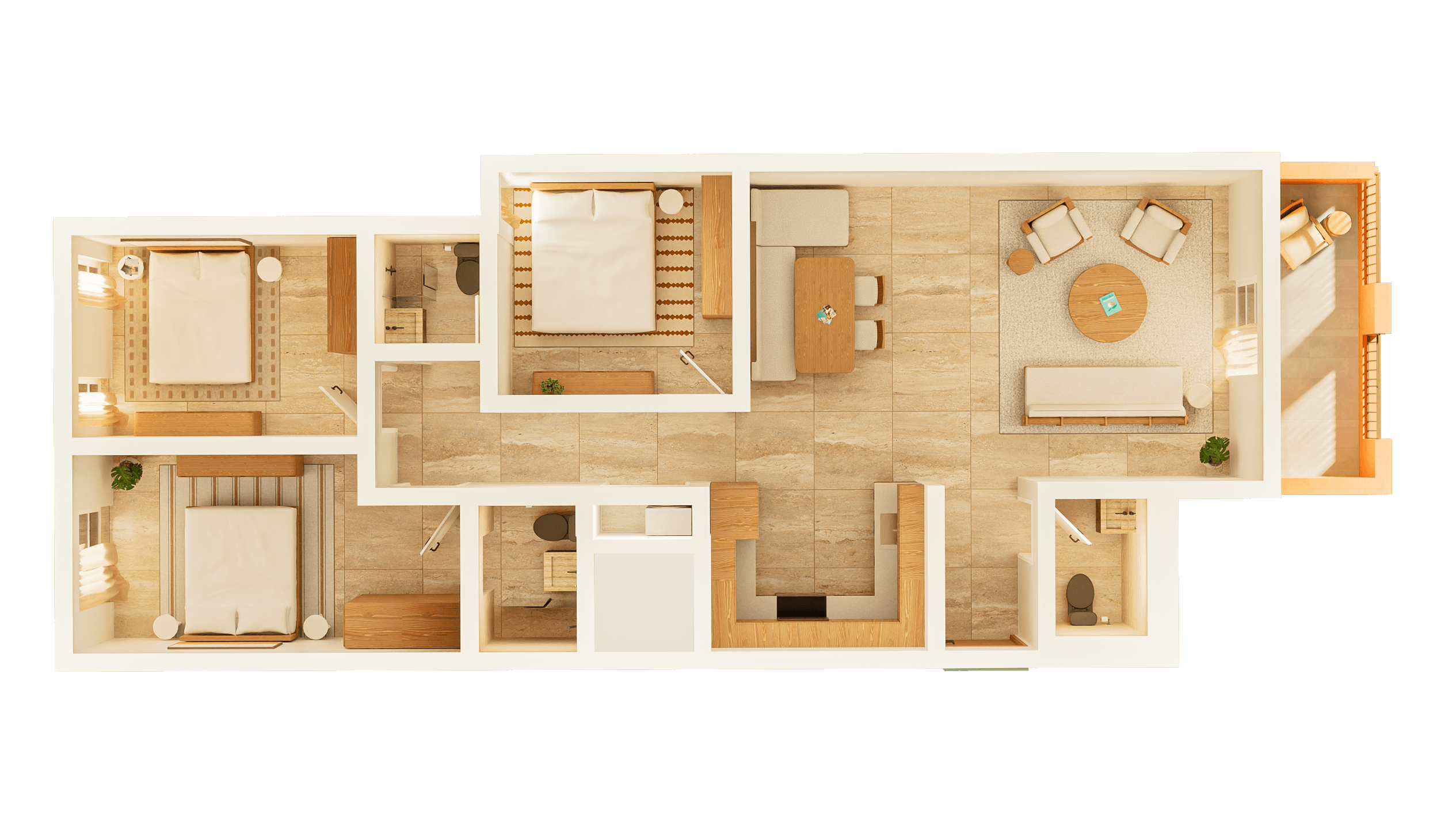 A woman reaches a mug from a sofa in a luxury apartment living room