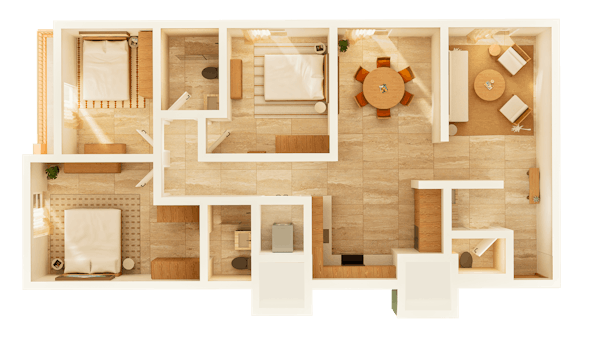 A woman reaches a mug from a sofa in a luxury apartment living room