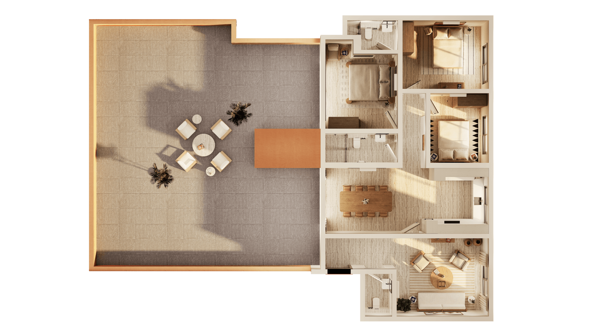 Entryway to Flow Narjis apartments flanked by two palm trees