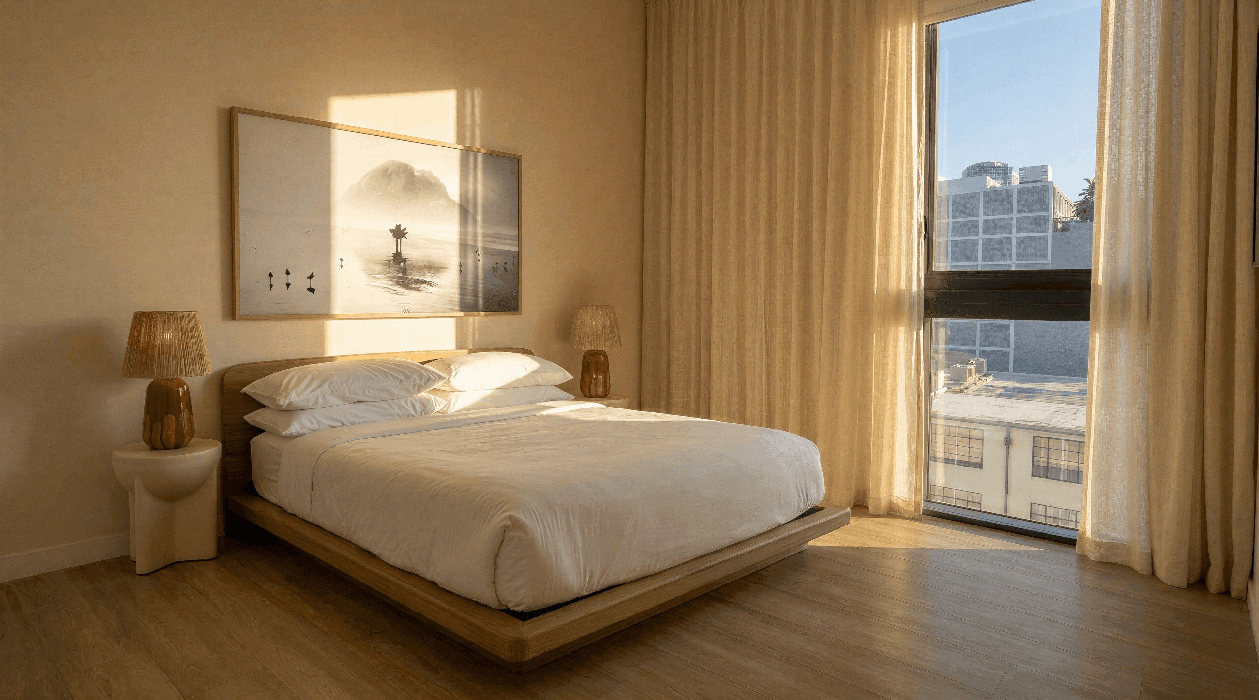 A large apartment bedroom with modern nightstands and lamps on each side, a comfortable chair, and a water painting above the headboard