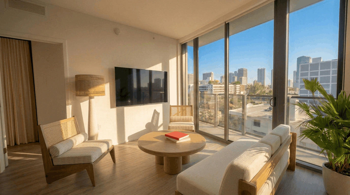 Sunlit modern living room with neutral furniture