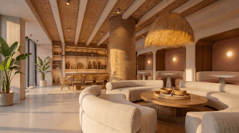 Sunlit modern lobby and coworking are with neutral furniture and finishes